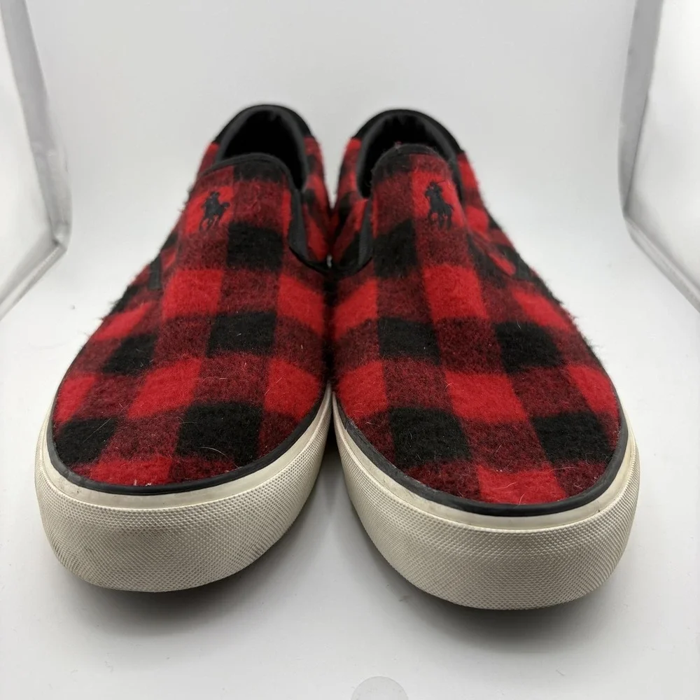 Polo Ralph Lauren Thompson Mens 12 Red Buffalo Check Plaid Slip On Sneakers
